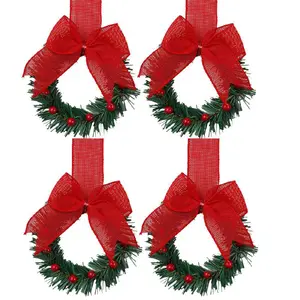 4 Pcs Christmas Kitchen Cabinet Wreaths with Ribbon 3.94 Inch Mini Christmas Wreath Small Kitchen Xmas Decor for Window Door