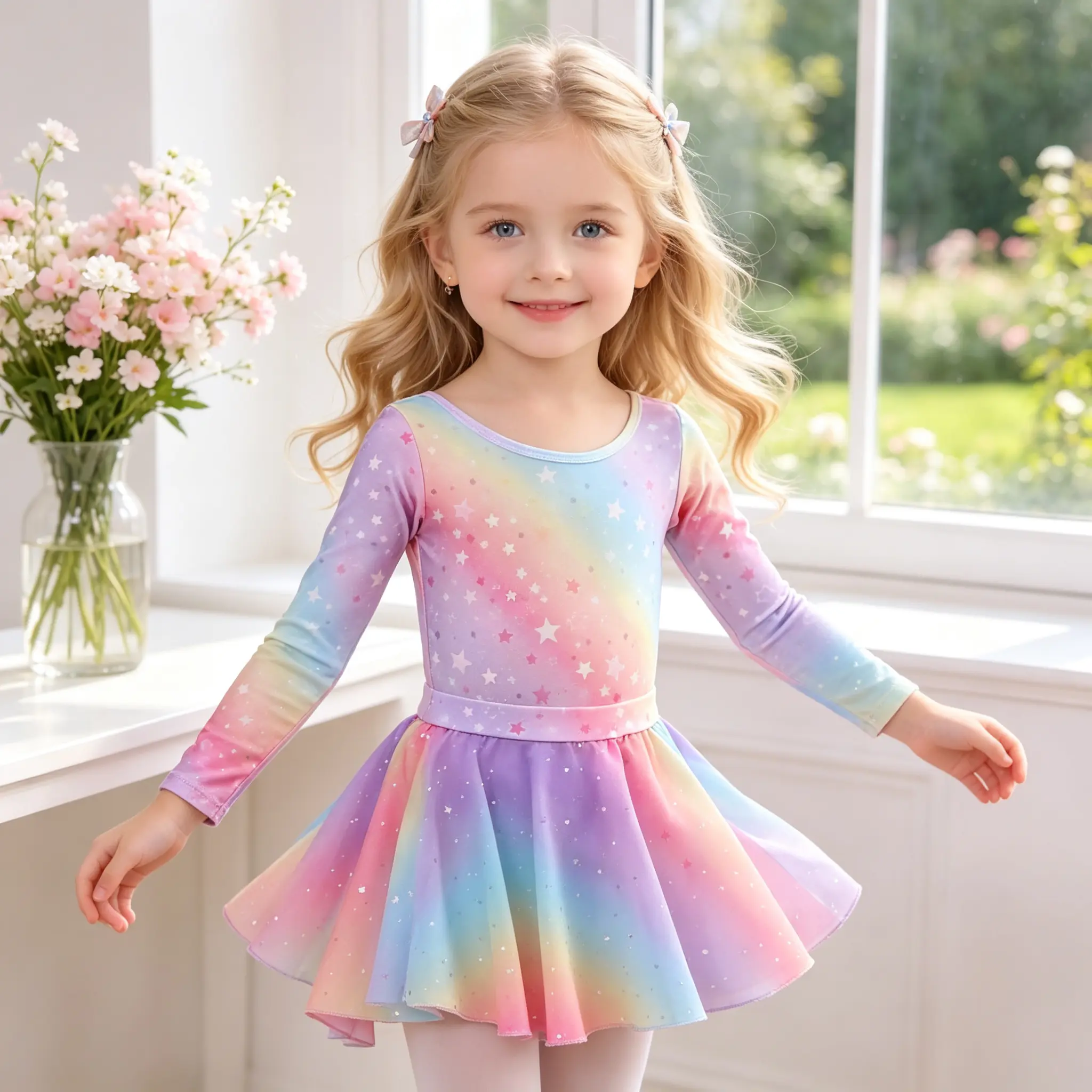 Little Girls Long Sleeve Ballet Leotard Dress, Rainbow Gradient Star Glitter Tutu Dress, Stretchy Gymnastics Dance Costume for Ballet Class Birthday Dress‑Up