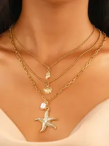 3-Piece Boho Starfish Shell Pendant Necklace Set, Ocean Series Imitation Pearl Lockbone Chain, Beachwear Jewelry, Island Vacation Essential