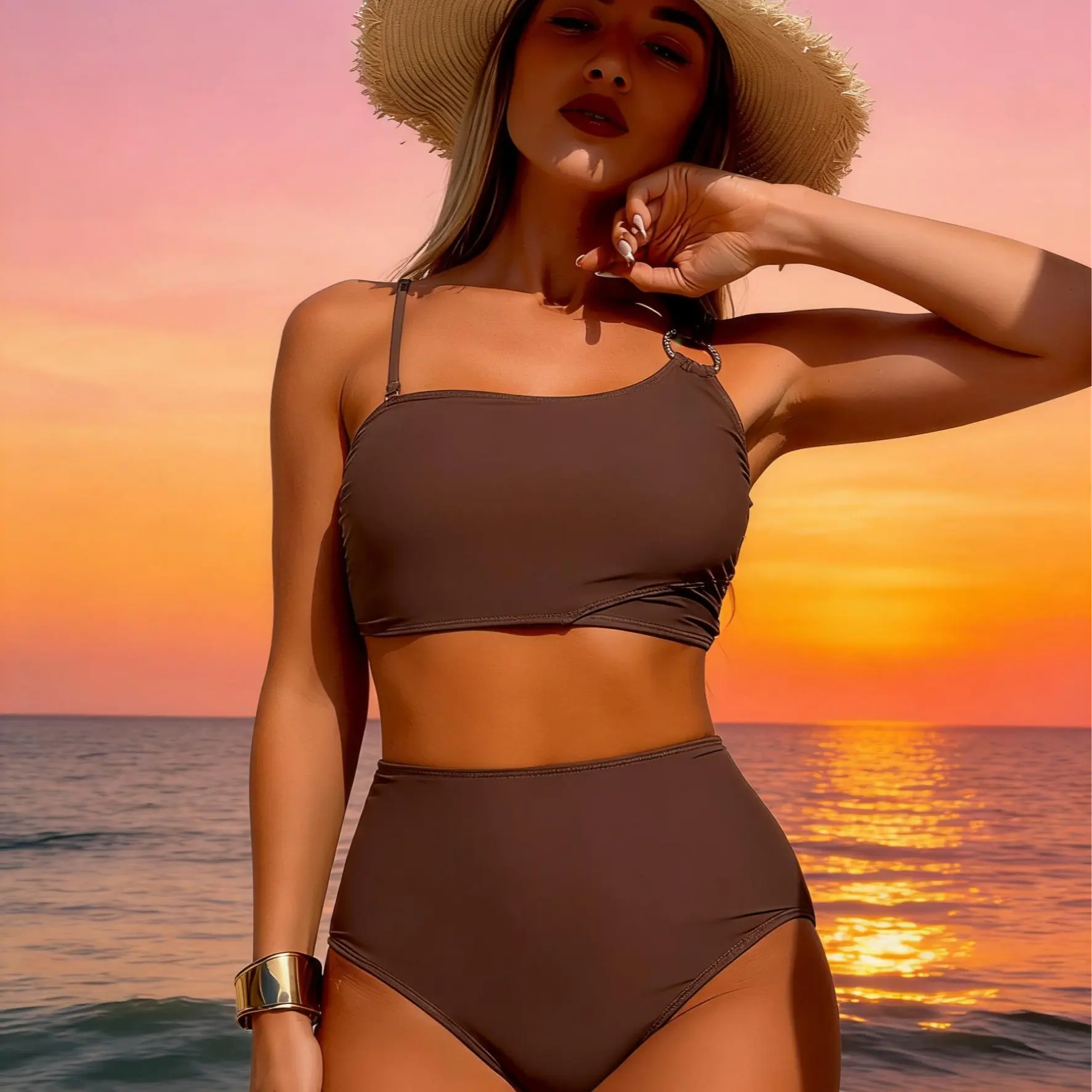 Women's 2-Piece Plain Tankini Set - 2024 New Fashion European American Design Sleeveless High-Cut Split Front No Underwire Breathable Beachwear for Beach Outings, Tankini Top Bottoms, Elastane (S/M/L)