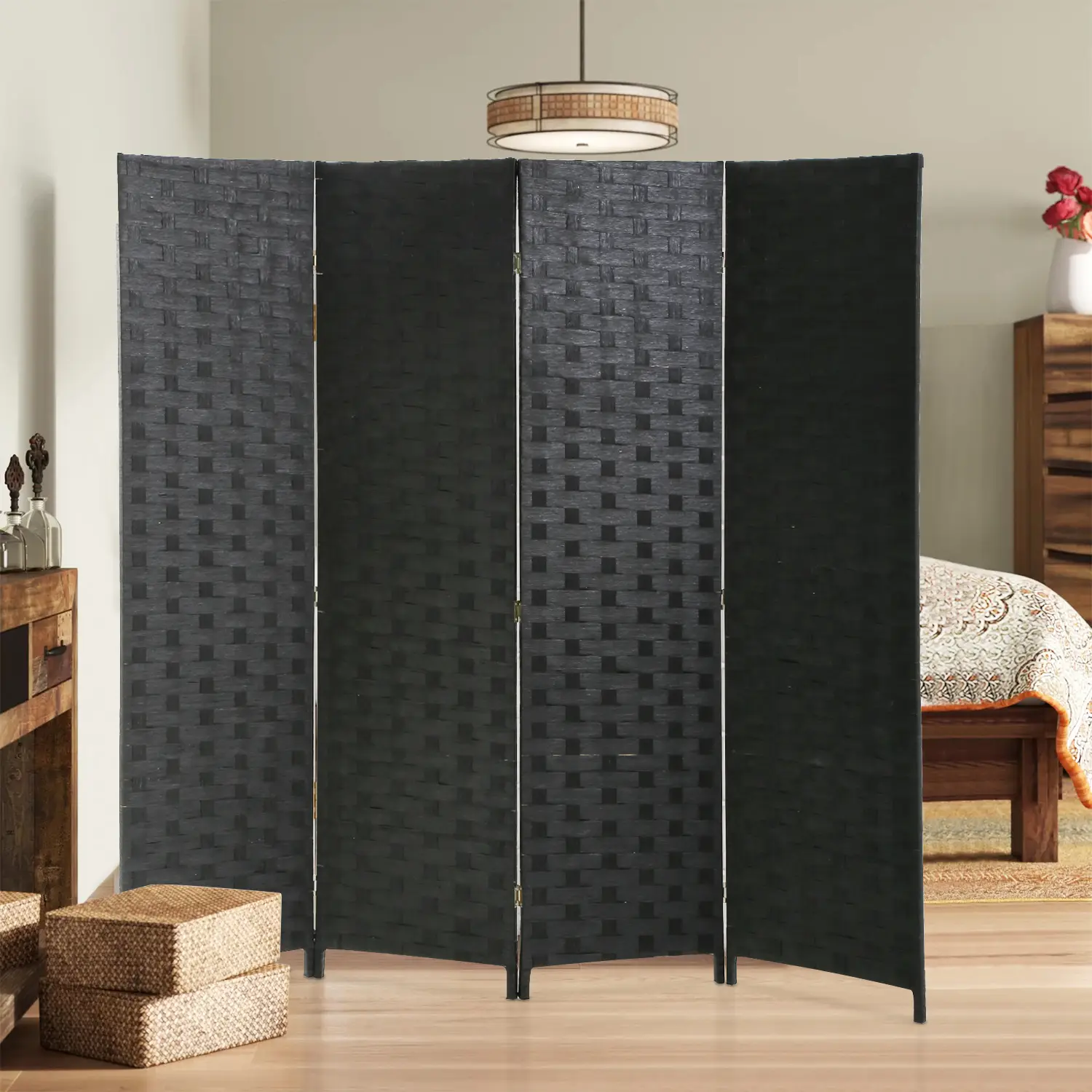 Room Divider, 6FT(H) Wood Screen, 4 Panels Wood Mesh Woven Design Room Privacy Screen Divider, Indoor Temporary Wall Folding Portable Partition Screen
