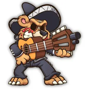 Mariachi Teddy Bear w/ Guitar Gun and Eyes Missing Cut To Shape Vinyl Sticker (Cartoon, Decal, Automotive)