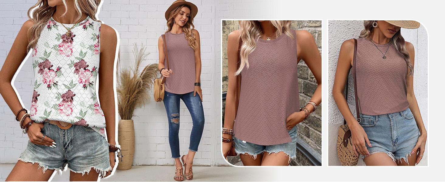 Zeagoo Live Tank Tops for Women Sleeveless Eyelet Shirts High Neck Cute Summer Top Loose Fit S-XXL