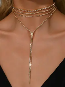 1 Set Long Y-Shape Tassel Multi-Wear Backdrop Necklace, Gold/Silver-Toned Layered Design, Glam Party Accessory, Suitable For Front & Back Styling Two-Way Styling Chic Looks