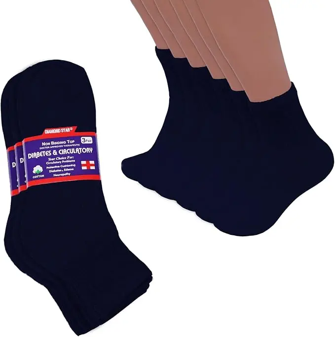 DIAMOND STAR Diabetic Ankle Socks, Non-Binding Circulatory Doctor Approved Cushion Cotton Quarter Socks for Men’s Women’s 3 Pack 10-13 Navy Big Loose