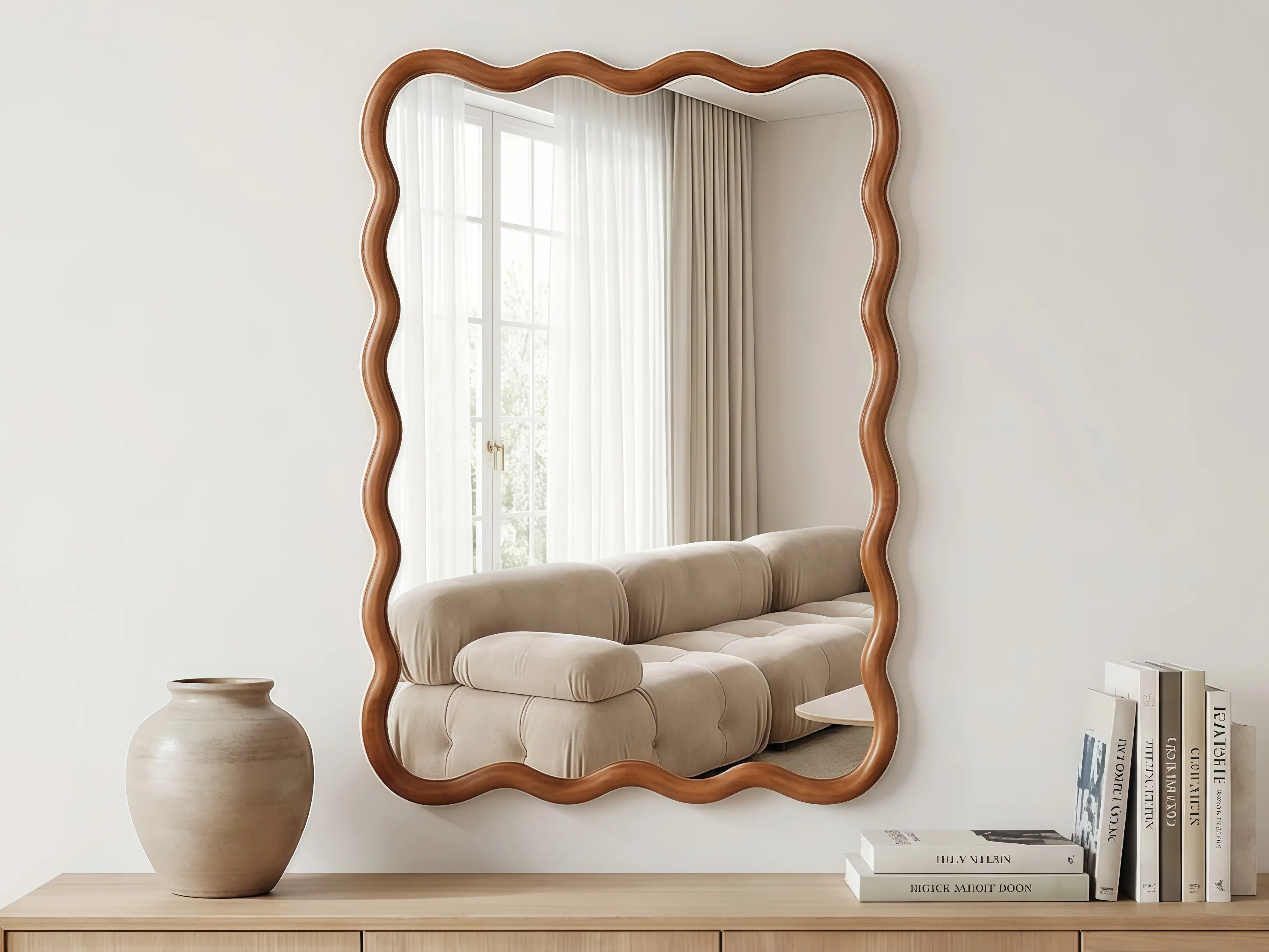 20"x30" Wavy Rectangle Solid Wood Frame Decorative Mirror, Aesthetic Scalloped Wall Mirror for Room Decor, Yellowish Brown Vintage Wooden Vanity Mirror for Bedroom, Bathroom, Living Room, Entryway