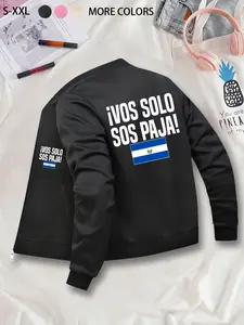 Guatemala Flag & Text Printed Jacket - Casual Bomber Jacket, Zip-Up, Stand Collar, Polyester Knit Fabric, Fitted Design, Pocket Detail, Suitable for Autumn & Winter.