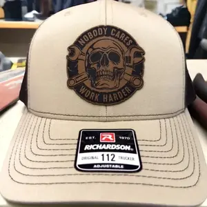 Nobody Cares Work Harder Leather Patch Hat | Blue Collar Custom Trucker Hat | Gift For Him Unique | Richardson 112 Hat