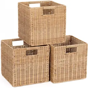 10.5 x 10.5 in Plastic Wicker Baskets for Cube Storage, Collapsible Square Wicker Storage Basket Set of 3, Rattan Storage Cube, Square Baskets for Shelves - Khaki