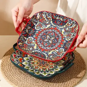 Bohemian-Style 4-Piece Ceramic Dinnerware Service Set, Tableware Kit, Dinner Sets, Oven- and Microwave-Safe Plates and Bowls for Fruit, Noodles and Salads, Dish Set