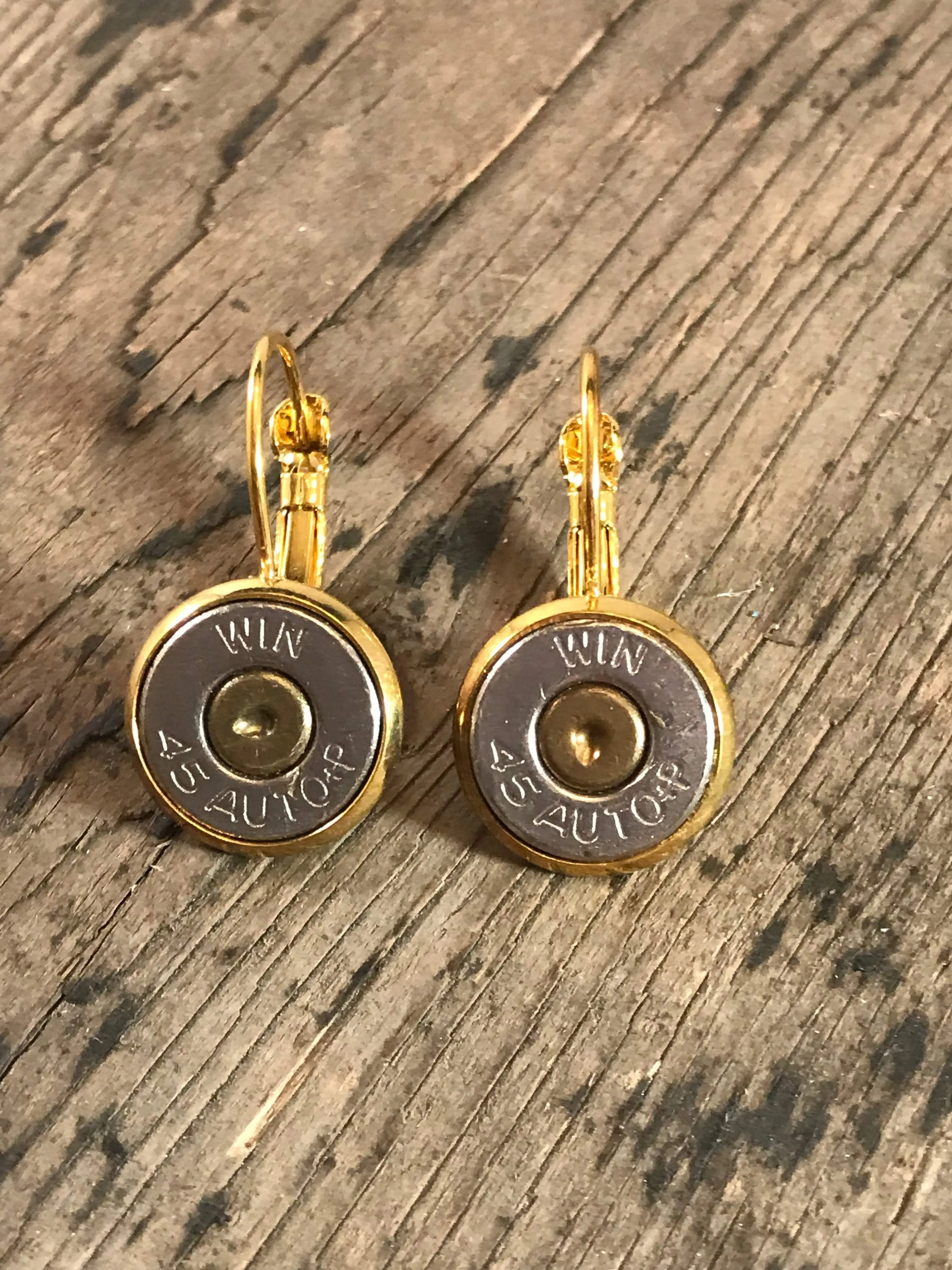 Gold lever back earrings with 45 Auto bullets