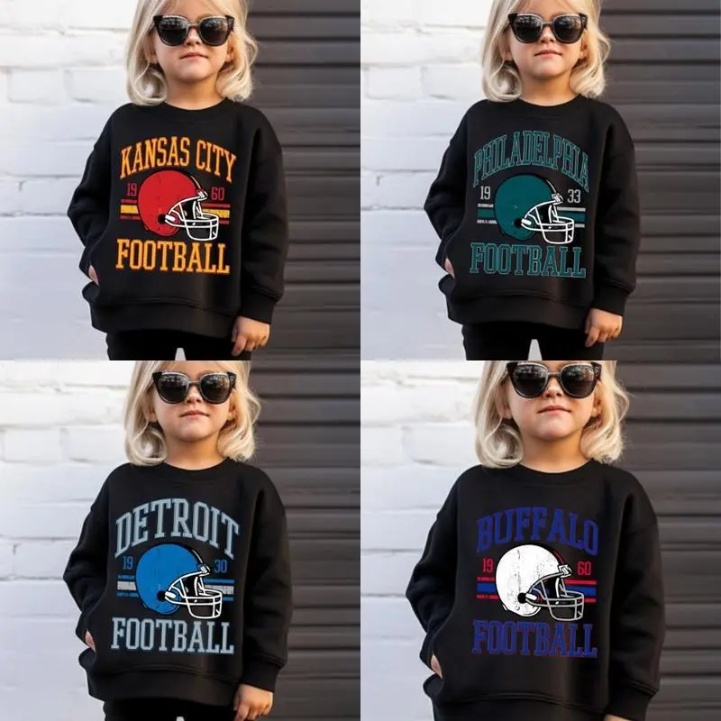 Youth Vintage All Team Football Sweatshirt, Retro 90s Graphic Crewneck Featuring Kansas City, Detroit, Buffalo Designs for Young Fans, Gift for Boys and Girls