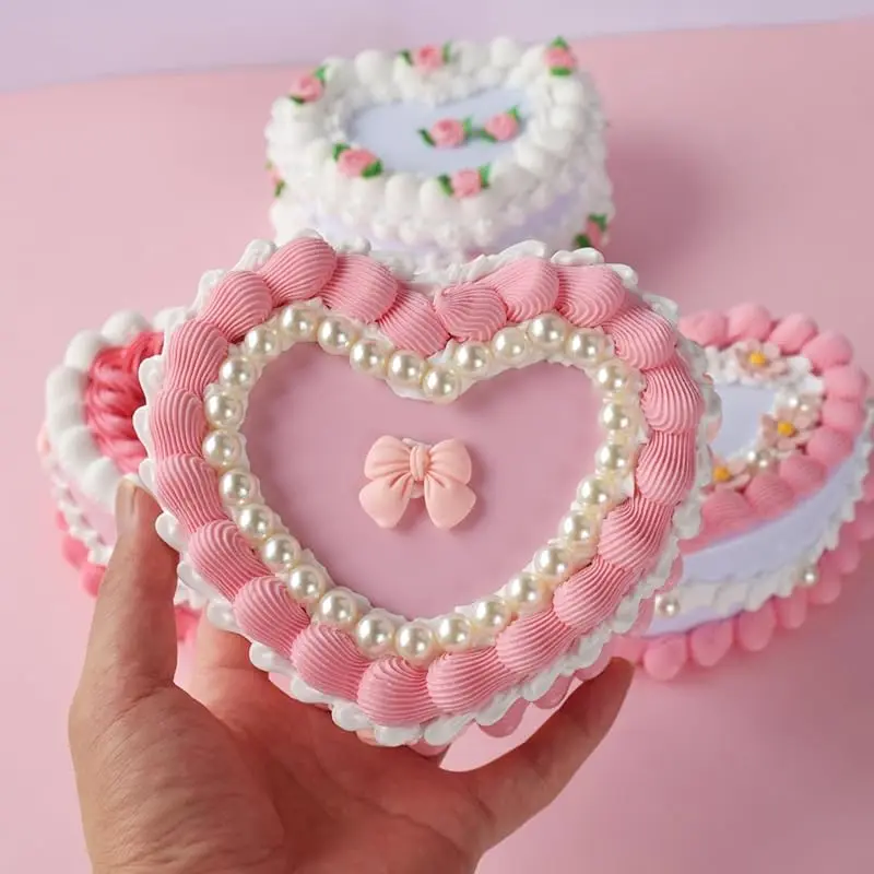 Adorable Heart Shaped Cake Inspired Jewelry Box Handmade Resin Trinket Holders with Strawberry Decor Pink Cherry Cake Design Colorful Decorative Jewelry Organizer for Girls Women & Dessert Lovers,  Gift