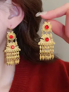 Elegant Rhinestone Fan Flower Statement Earrings, Dangle Ear Hooks with Fringe Design, Perfect for Parties & Special Occasions, Fashion Jewelry