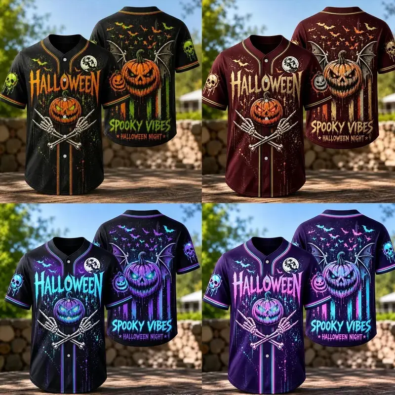 Unisex Spooky Vibes Halloween Baseball Jersey, Spooky Vibes Pumpkin Skeleton Bat All Over Print Short Sleeve Button Shirt, Gothic Horror Graphic Loose Top For Men, Women, Couple Halloween Night