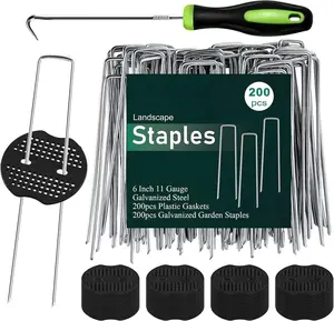 6 Inch 200 count Galvanized Landscape Staples 200 count Gaskets Pick Hook  Stakes 11 Gauge Anti-Rust Landscaping Fabric SOD Pins U Shaped Yard Turf Stakes for Weed Barrier Fabric