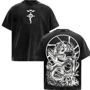 Fullmetal Alchemist Brotherhood Oversized Washed Graphic Tee – Vintage Heavy Cotton T-Shirt, Classic Anime Streetwear Top, Perfect for Manga Lovers & Dark Fantasy Fans