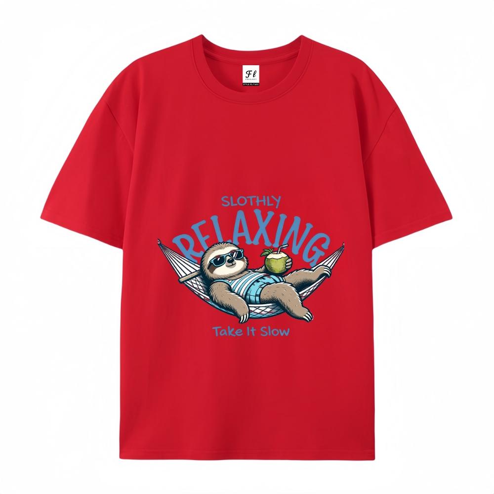 Slothly Relaxing Funny Sloth Graphic Tee Summer Vacation Casual Top For Men & Women Cartoon Drop Shoulder Short Sleeve Crew Neck Tshirt - Menswear