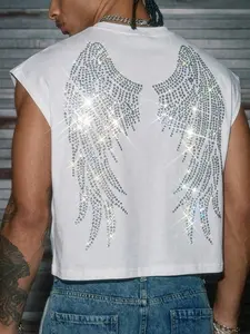 Men's White Rhinestone Wing Tank Top, Cropped Fit, Sparkly Back Design, Casual Party & Streetwear