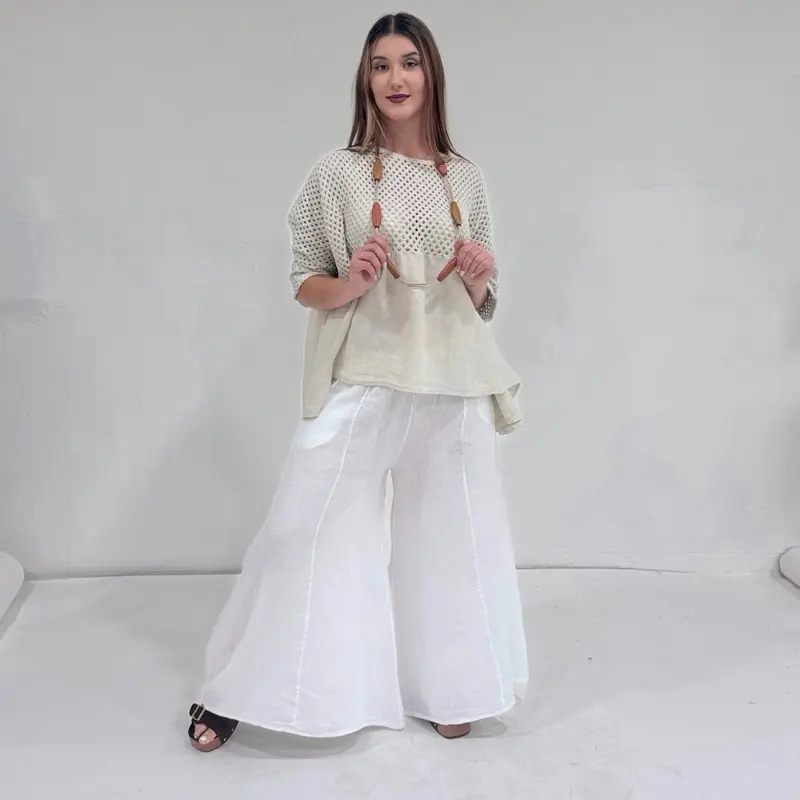 Analia Linen Crochet Top One Size Fits S to 2XL Breathable Lightweight Elegant Boho Summer Blouse Loose Fit Flowy Linen Top