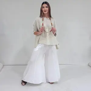 Analia Linen Crochet Top One Size Fits S to 2XL Breathable Lightweight Elegant Boho Summer Blouse Loose Fit Flowy Linen Top