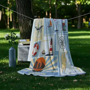 Nautical Themed Pattern Beach Blanket, Portable Lightweight Camping Blanket, Outdoor Picnic Mat, Travel Blanket, Camping & Hiking Equipment
