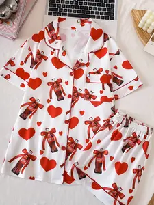 Women's 2-Piece Pajama Set, Heart Pattern Print Short Sleeve Top & Loose Pajamas Shorts, Casual Fitted Sleepwear Loungewear, Comfortable Nightwear for Women, Pyjamas, Pjs