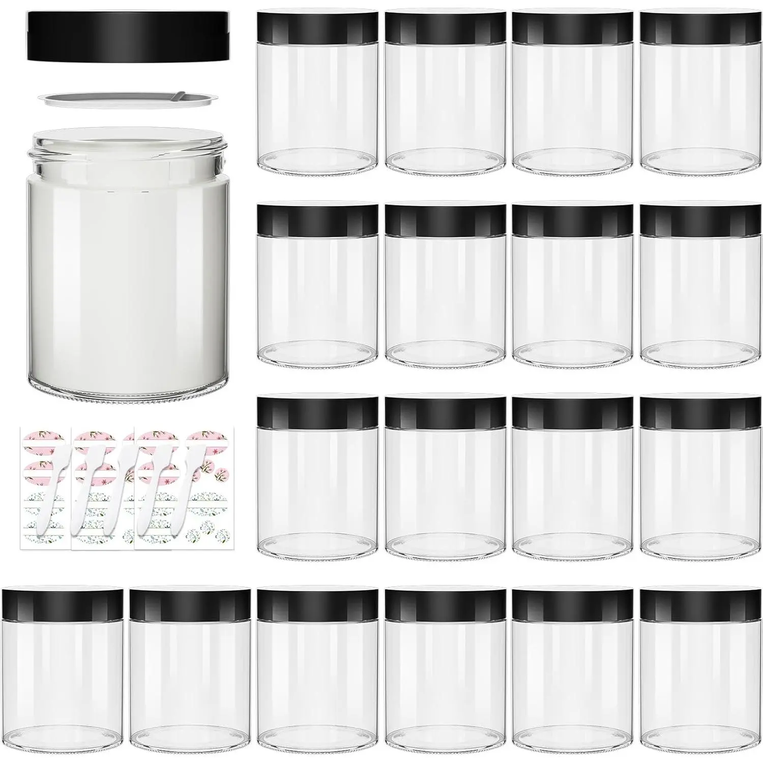 8 oz Clear Glass Jars with Black Lids,16 Pack Empty Cosmetic Jars Glass Containers with Inner Liners,Refillable Round Cream Jars for Lotion,Ointments,Makeup,Slime Making