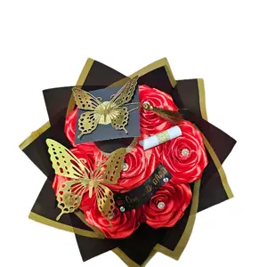 Eternal Roses Bouquets. 7 red Roses for Graduation gift. with Butterfly. Decoration.