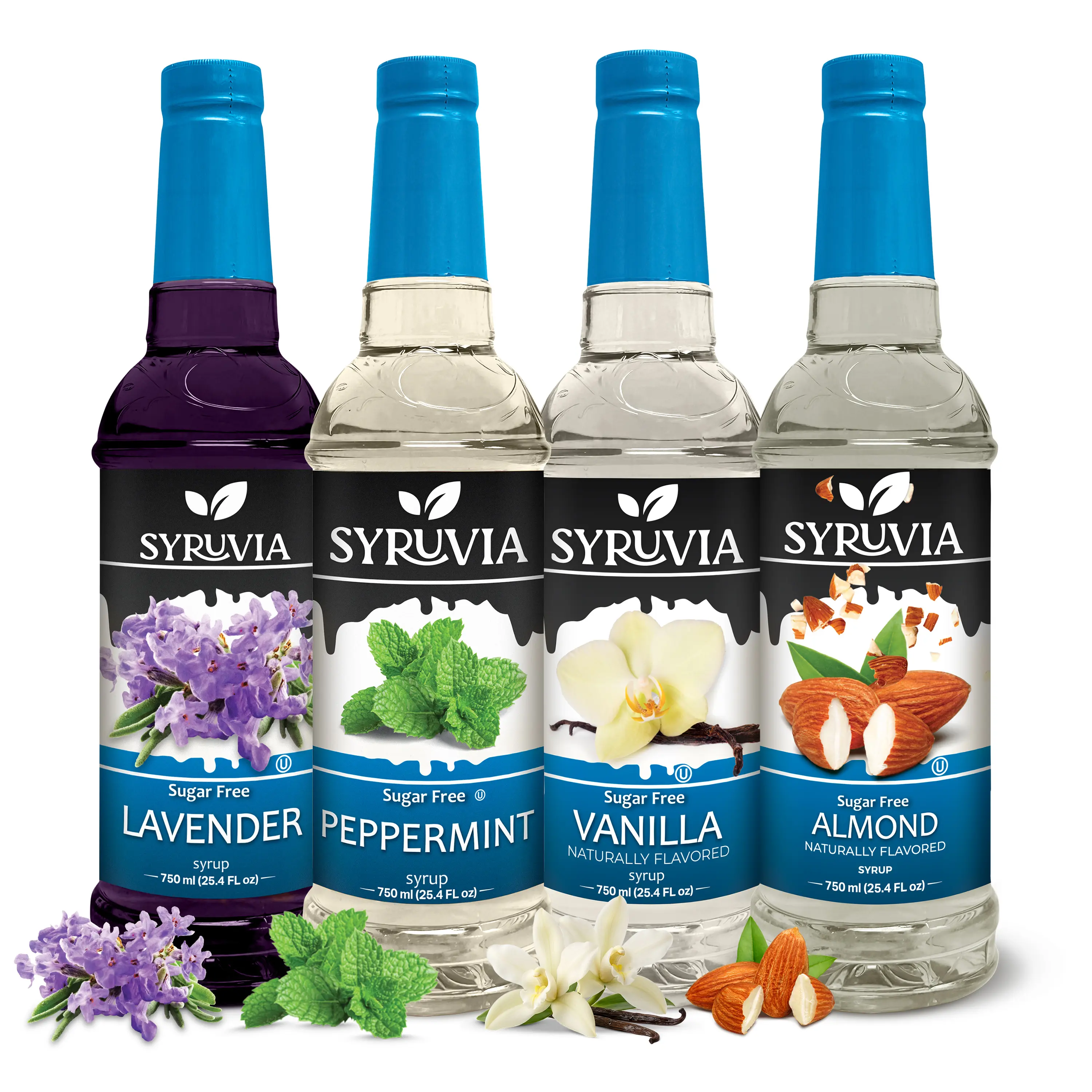 Syruvia Sugar Free Coffee Syrup Variety Pack – Lavender, Peppermint, Vanilla & Almond Flavors – Gluten-Free, Kosher, 25.4 fl oz Bottles – Rich Coffee Flavor Enhancer for Home & Cafe Drinks (4-Pack), Sweet, Beverage