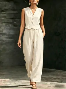Women’s sleeveless tie-front vest + wide-leg pants two-piece set, summer casual loose outfit suitable for everyday wear, vacations, and home wear,summervibes