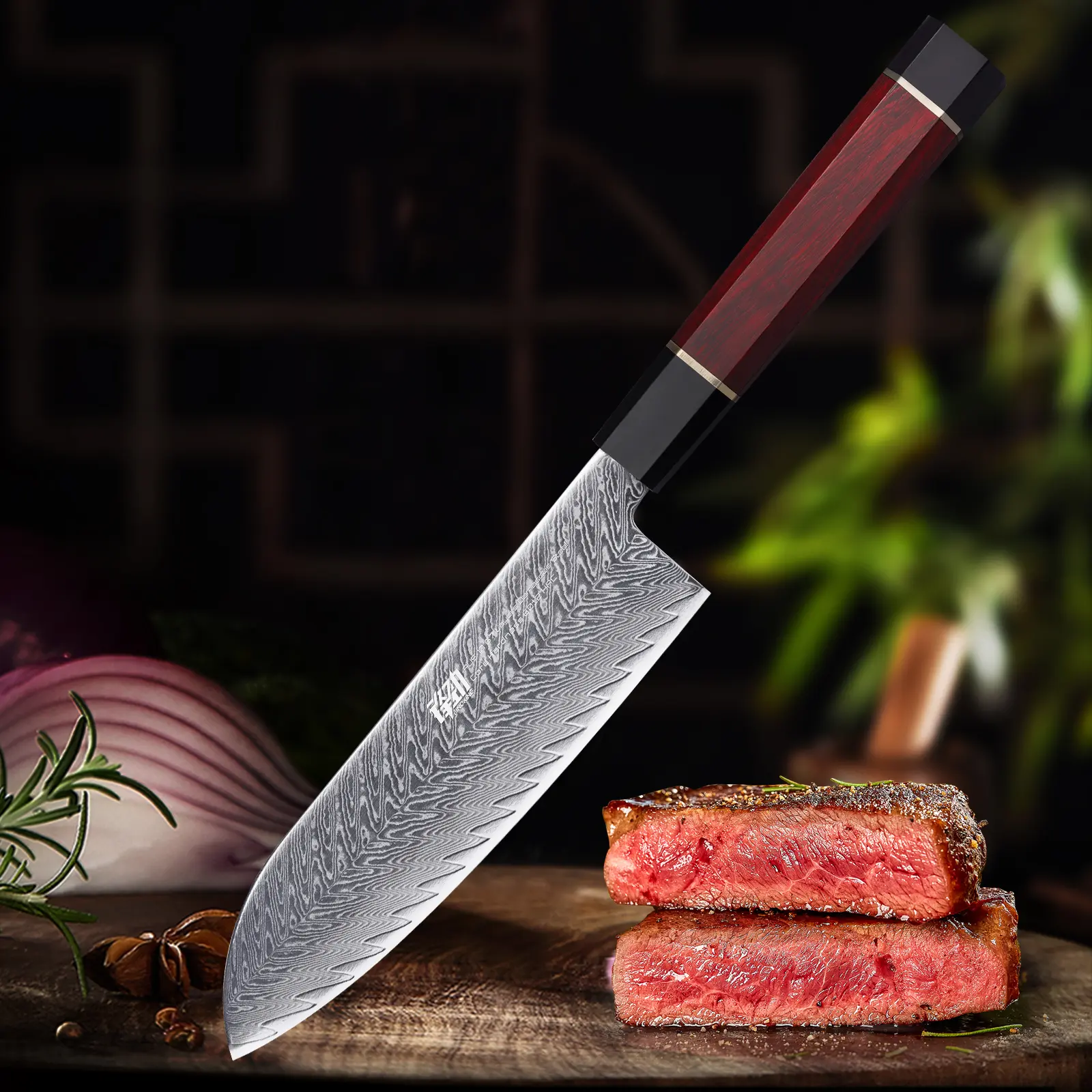 FINDKING 7-Inch Santoku Chef Knife (Red Samurai Series) - AUS-10 Damascus Steel Blade, Comfortable Wooden Grip, Versatile Cooking Cutting Knife for Vegetable Prep, Effortless Slicing & Dicing