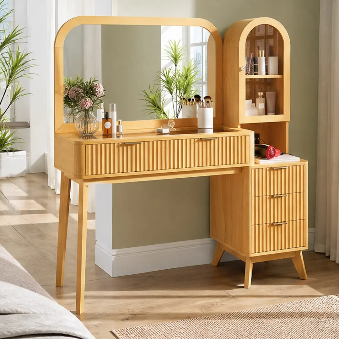 ARCH 48-Inch Fluted Stand-Alone Makeup Vanity Desk, Modern Glass Top Dressing Table with 32-Inch Mirror, 4 Drawers, Storage Cabinet, Built-In Charging Station, Natural Wood Finish, for Bedroom (83.78 lb), Stand-Alone Makeup Vanities, Vanity Makeup Desk, P