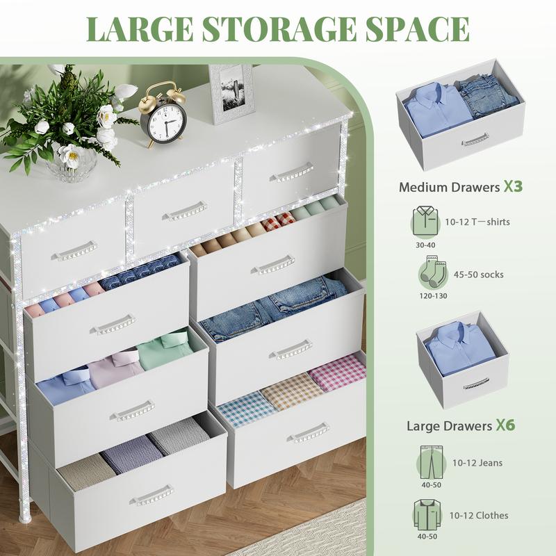 【Prime Day】9 Drawer Dresser for Bedroom, Storage Organizer with 9 Drawers, Chest of Drawers with Fabric Bins, Sturdy Metal Frame, Wood Tabletop for Guest Room, Closet, Entryway, Nursery