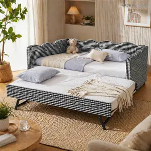Twin Size Black Gingham Plaid Linen Daybed Combo with Trundle, USB Charger, Wave-Shaped Design, Multi-Use Seat, Cozy Indoor Sofa Bed, No Box Spring Needed