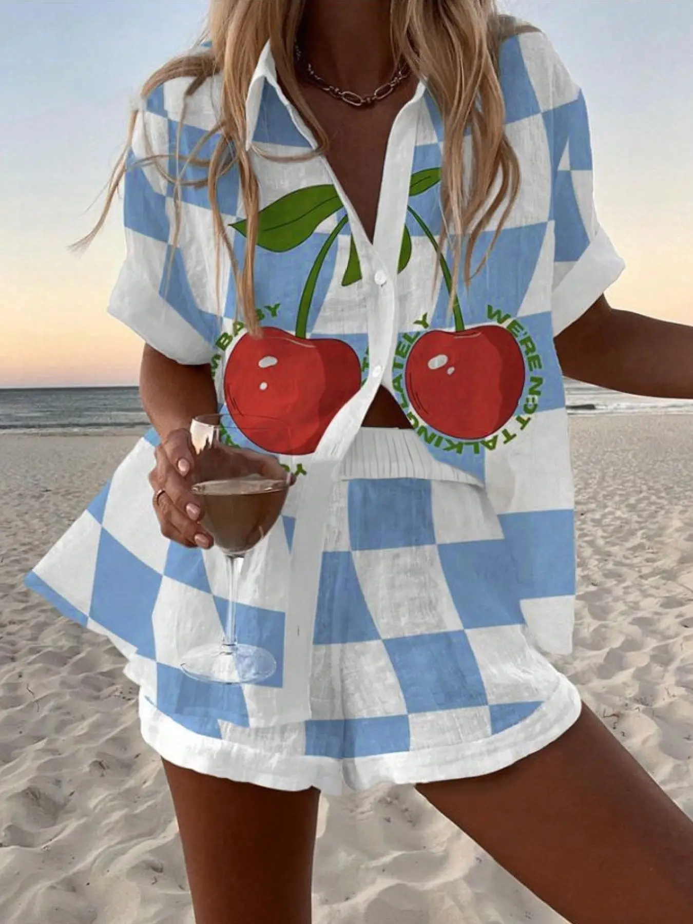Cherry Clash Bohemian Brunch Wear for Women – Plaid Short Sleeve Cardigan + Matching Shorts, Casual Summer Beach Fashion Outfit, Beachwear