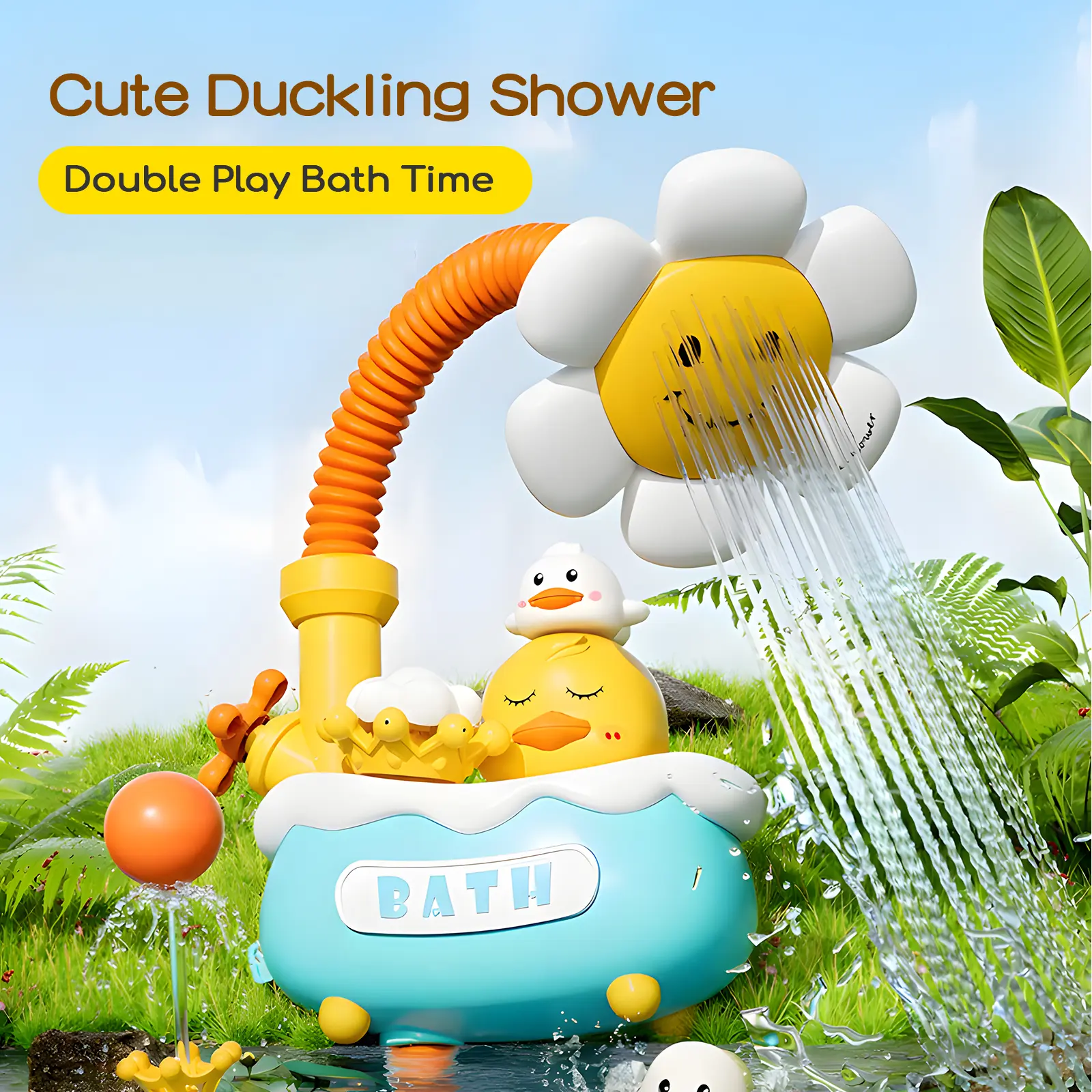 SCITOO 4-in-1 Yellow Duck Bath Toy Set for Kids, Electric Shower Head Water Pump with Trunk Spout Rinser, Cute Bathtub Sprinkler Swimming Pool Toys,Gift for Boys & Girls