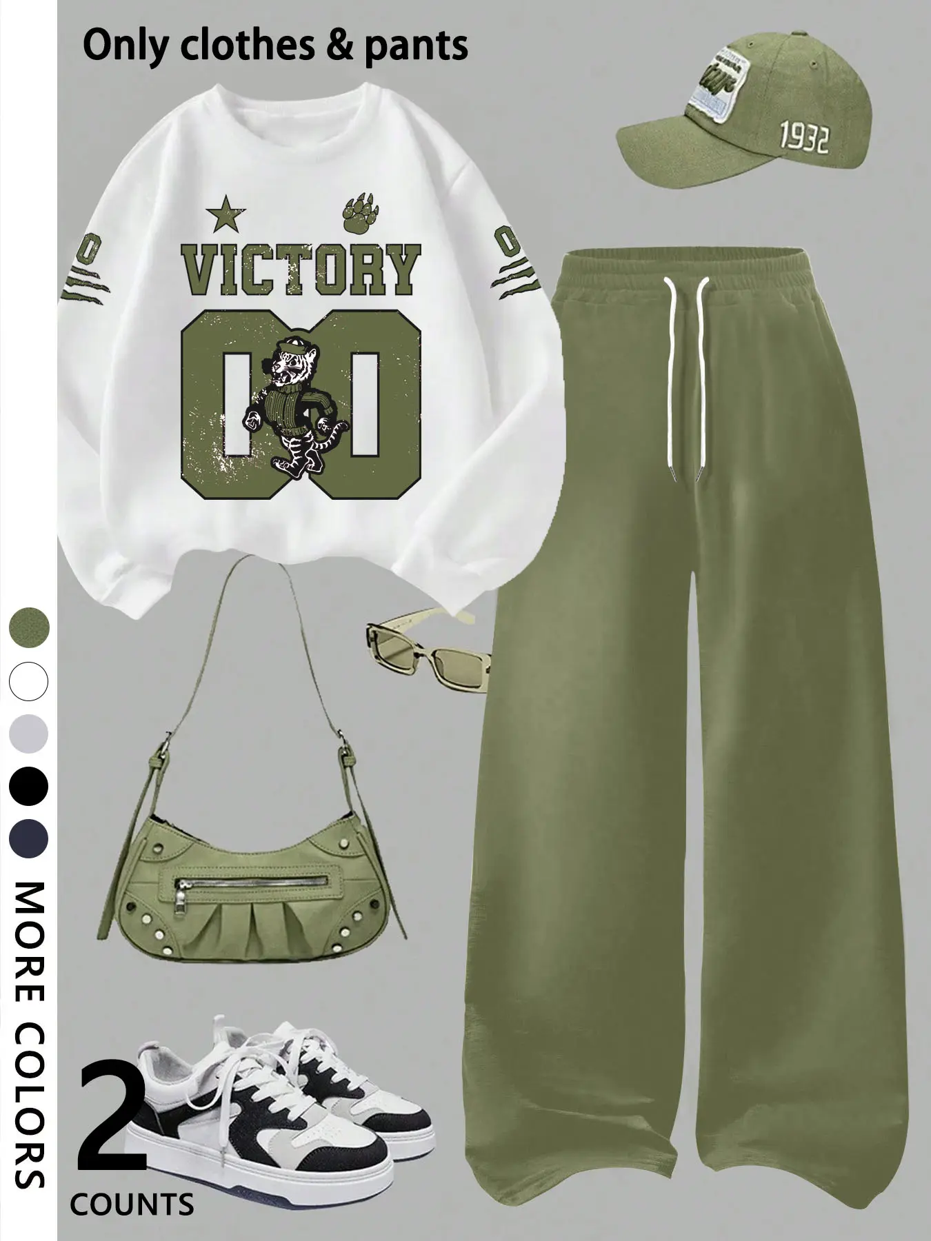 Girls' casual cool Graphic pattern print round neck Long Sleeves pullover sweatshirt top and loose casual wide-leg pants, military green fashion dress, suitable for daily and going out Outfit Women Clothes