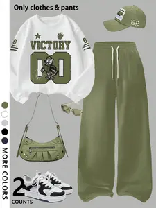 Girls' casual cool Graphic pattern print round neck Long Sleeves pullover sweatshirt top and loose casual wide-leg pants, military green fashion dress, suitable for daily and going out