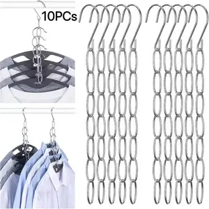 10pcs Space-Saving Hangers, Metal Chain Clothes Rack with 7 Hooks, Magic Foldable Multi-Functional Hanger, Integrated Vertical Design