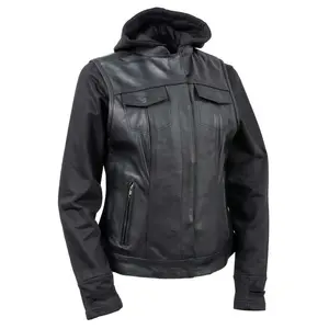 Milwaukee Leather Women's Tara Black Leather Motorcycle 2-in-1 Convertible Hoodie Vest - LKL4712