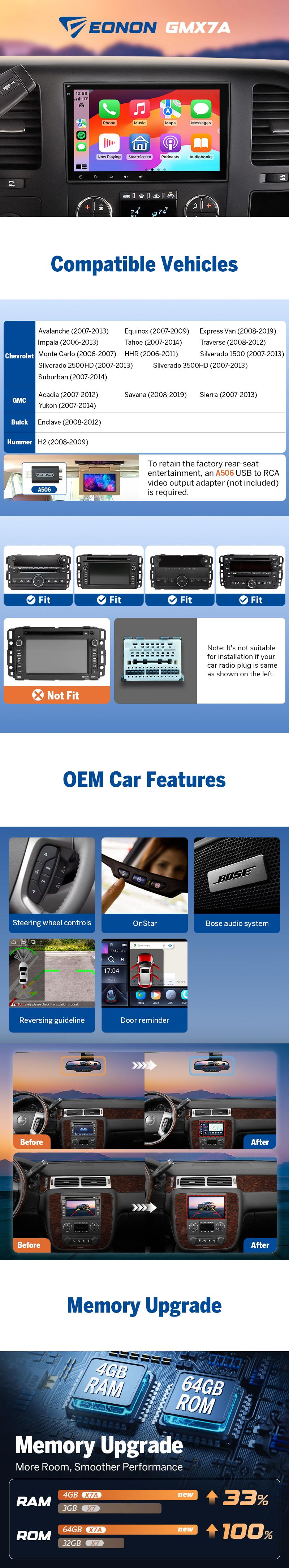 EONON Car Stereo for Chevy GMC Buick Chevrolet Silverado Sierra Suburban Tahoe Impala Traverse Avalanche HHR Acadia Yukon Truck, Wireless CarPlay & Android Auto, 8" Android 13/14 Touch Screen, Dashcam, backup camera, SWC, BT - GMX7A, GMX6S