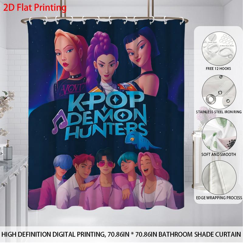 K-POP Demon Hunters Bathroom Set, Waterproof Shower Curtain with Hooks, Non-Slip Bath Rug, U-Shaped Toilet Mat, Toilet Lid Cover, Bathroom Decoration Accessories