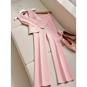 Women'S Elegant Pink Suit Set - Sleeveless V-Neck Blazer with Button Details, Matching Pants, and Footwear, Polyester, All-Season Wear, Casual Outing Attire|Sleeveless Blazer|Polyester Fabric Chic Collar Womenswear Basic
