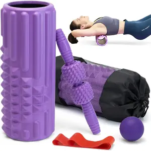 5 in 1 Foam Roller Set, Trigger Point Back Roller, Muscle Roller Stick, Massage Ball, Massage Roller, Resistance Band for Deep Tissue Massage Fitness Exercise Yoga Pilates(Purple)