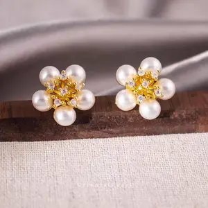E41-LaPeachie Spring Blossom Pearl Stud Authentic Pearls with S925 Pin Part Flower Design Pearl Stud