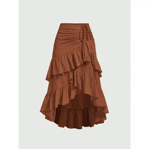 New Fashion Asymmetric Ruched Edge Design Multi-layer Women's Skirt, summer new sweet and fresh high-waisted patchwork slimming skirt with ruffled hem, European and American simple versatile dance skirt