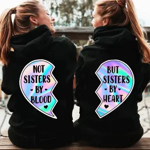 Matching Best Friend Shirts For 2 Not Sisters By Bl* But Sisters By Heart Hologram Cute Best Friend Hoodies Comfort Pullover Womenswear Print Sweatshirts Tops Yarn Black