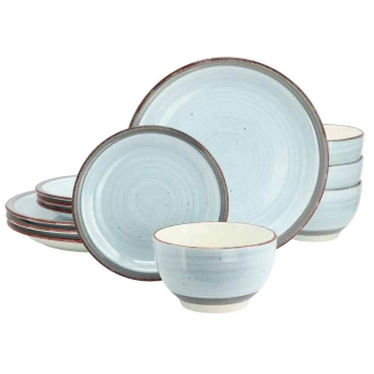 Gibson Home Rustic Holcomb 12-Pieces Speckled Print Light Blue Ceramic Dining Tableware Set - Includes Dinner Plates, Salad Plates, Bowls for Family Meals, Speckled Look