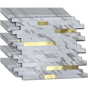 10 Sheets Peel and Stick Backsplash Tile for, Self-Tile, Stick on Vanities,Fireplace Décor, Laundry Table((White Marble+Frosted Gold)